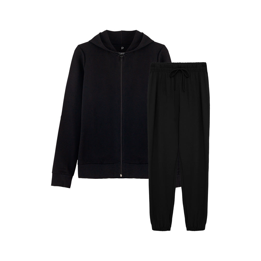 Conjunto Pijama Casaco de Moletom Leve Com Capuz e Calça Feminina - Preto