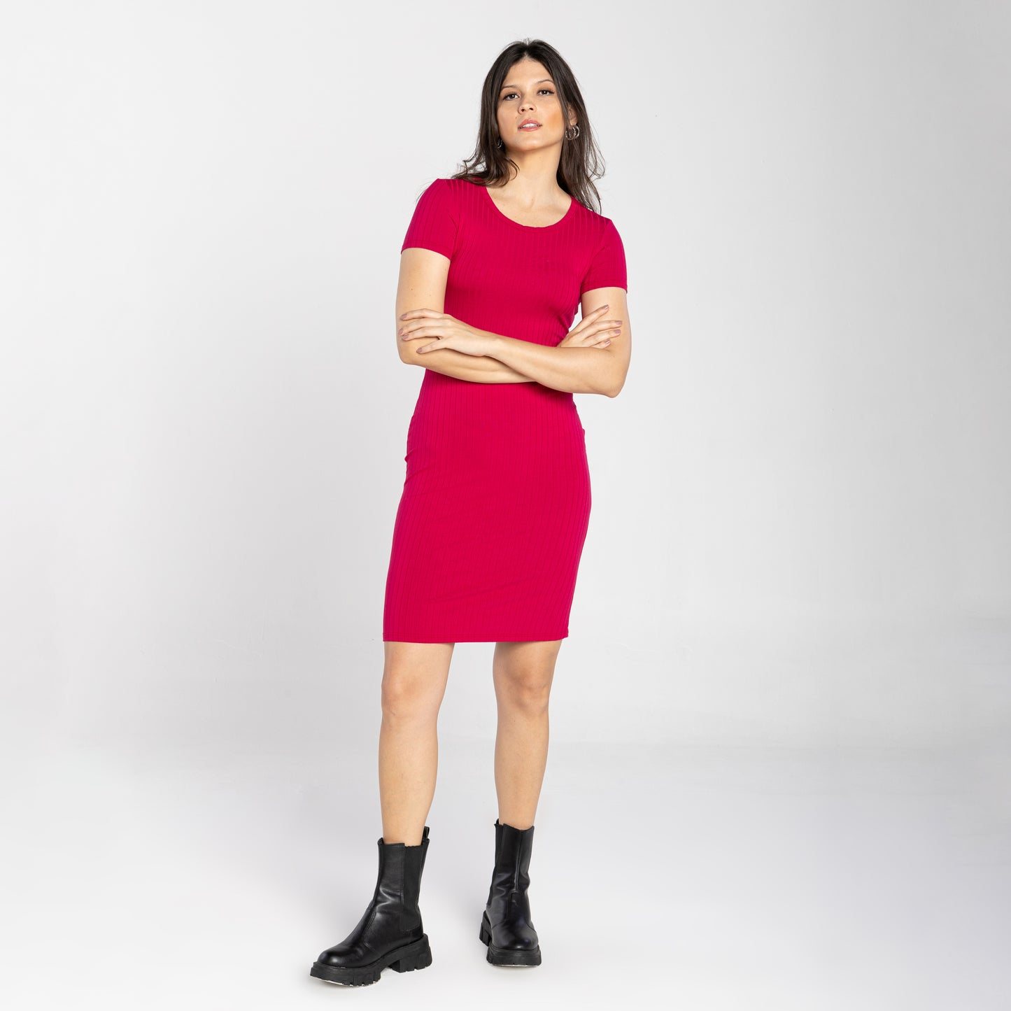 Vestido Curto Canelado - Magenta