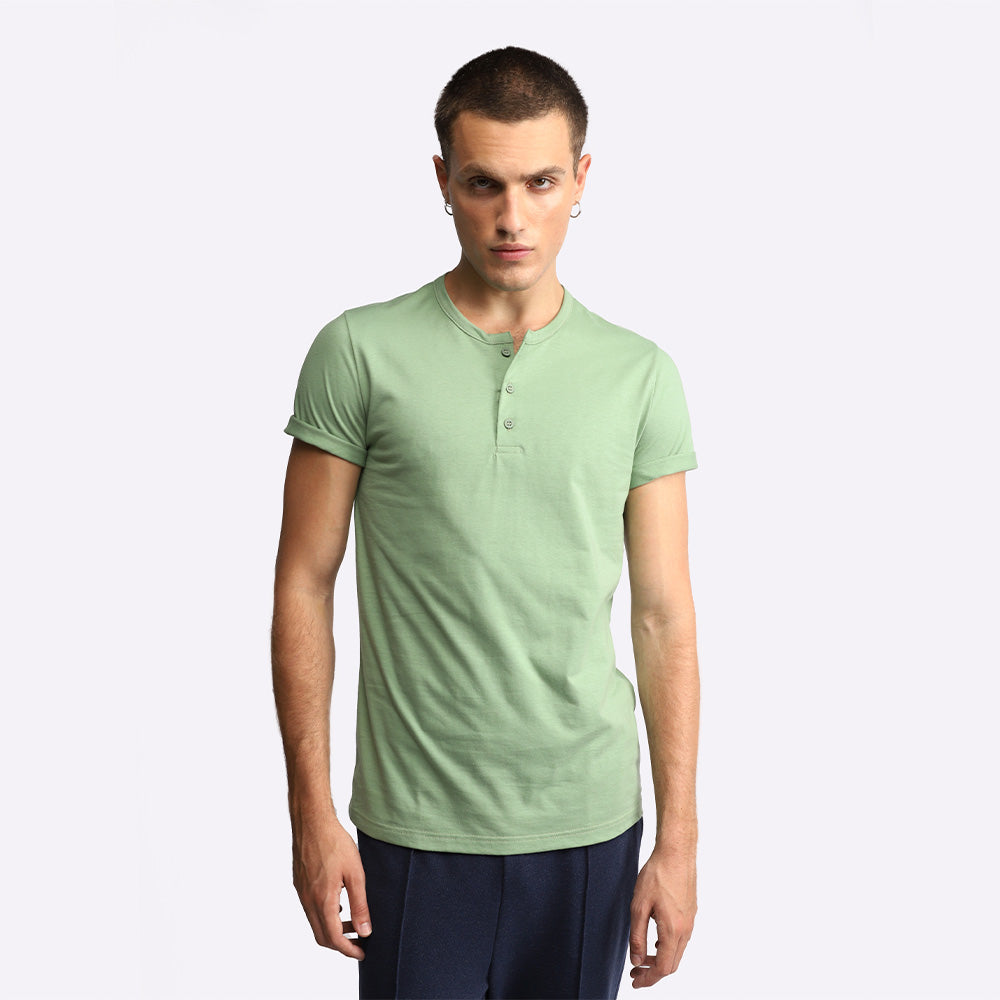 Camiseta Henley Algodão Premium Masculina - Verde Jade