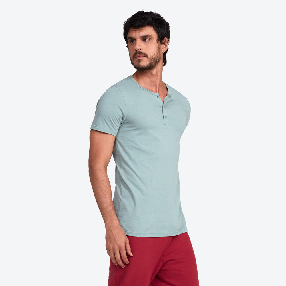 Camiseta Henley Algodão Premium Masculina - Verde Chá