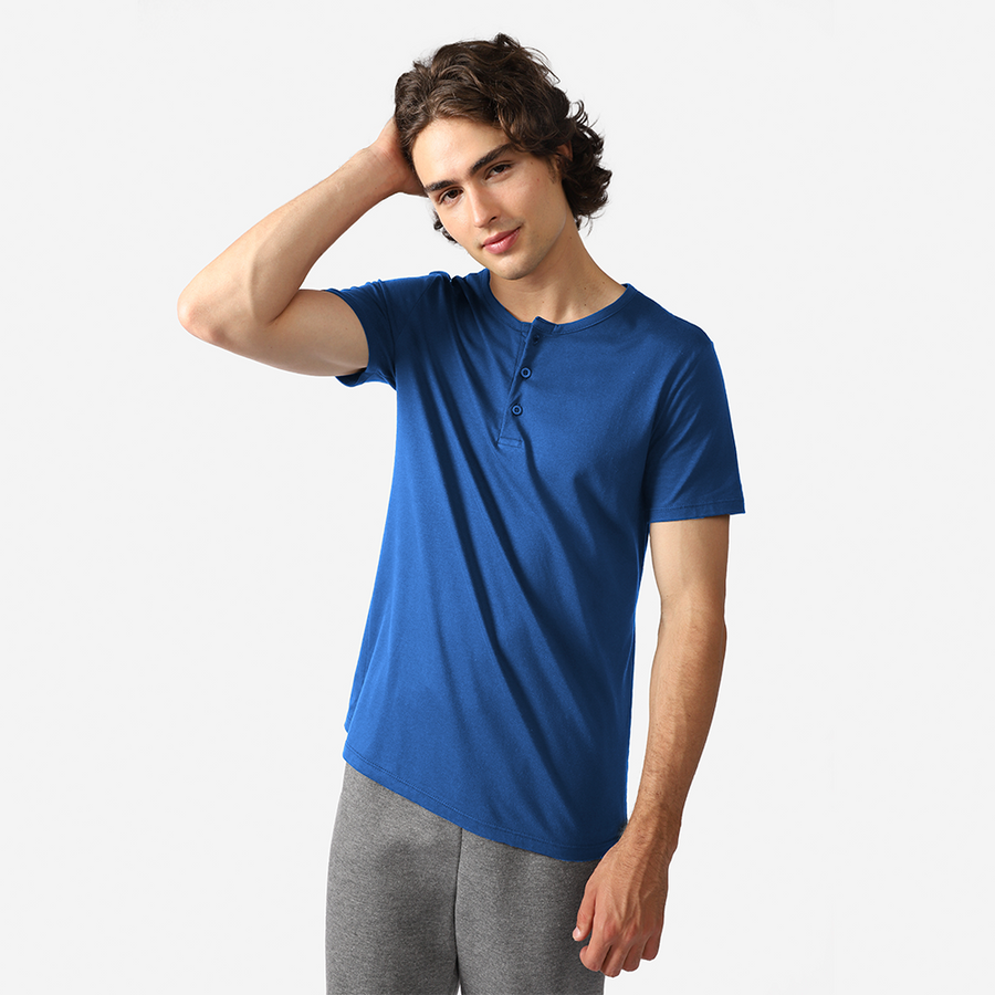 Camiseta Henley Algodão Premium Masculina - Azul Classico