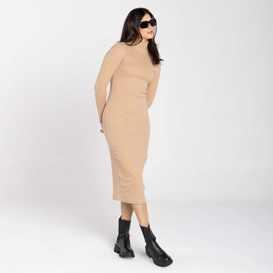 Vestido Midi Ribana Gola Rolê - Bege Camel