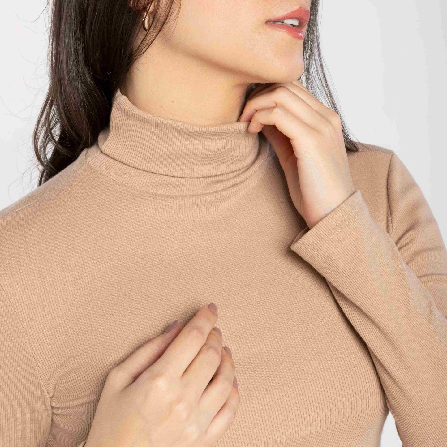 Vestido Midi Ribana Gola Rolê - Bege Camel