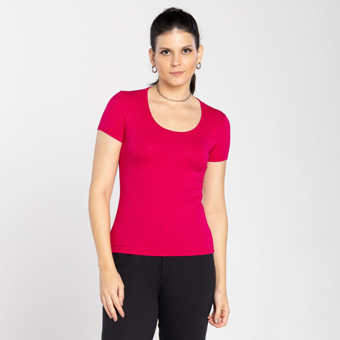 Camiseta Canelada Gola U Feminina - Magenta