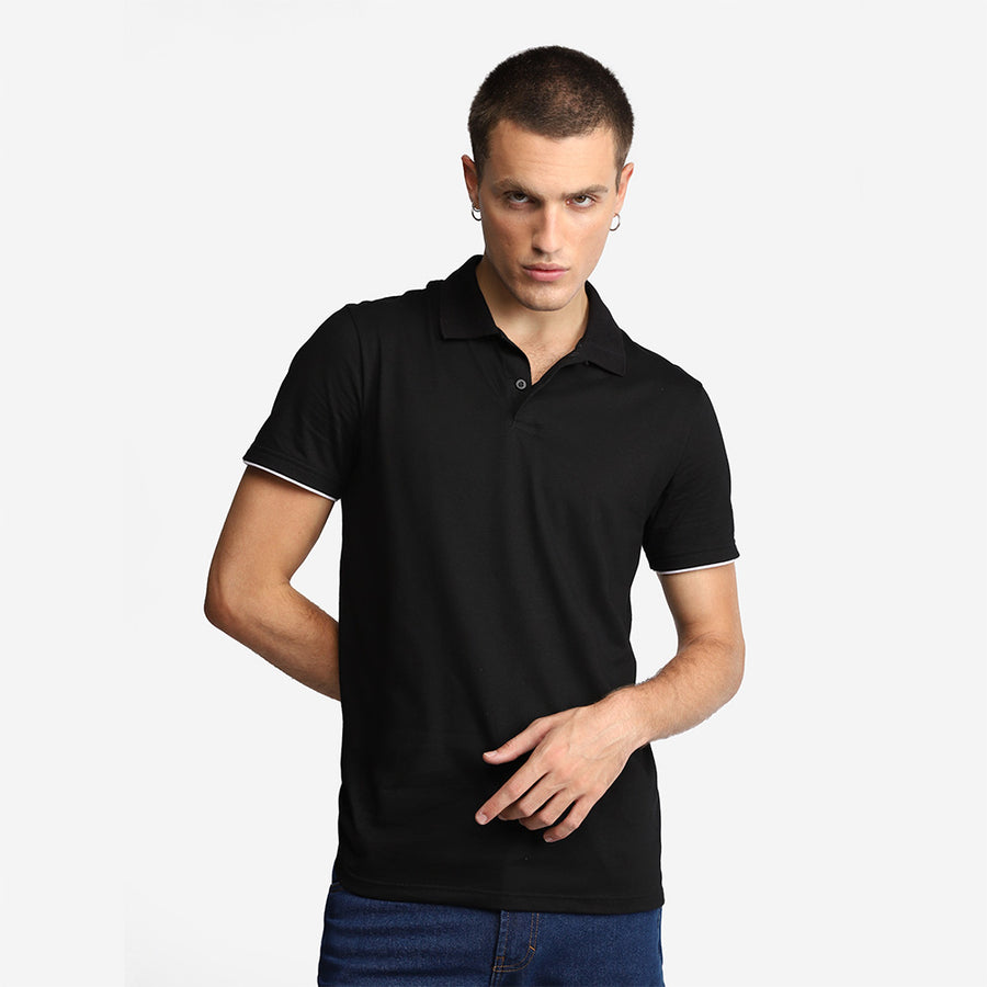 Camisa Polo Algodão Premium Friso Masculina - Preto