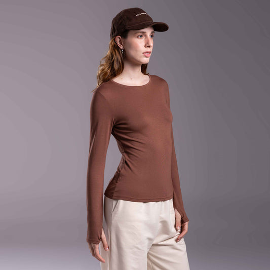 Tech T-Shirt Modal Manga Longa Feminina - Marrom Avelã