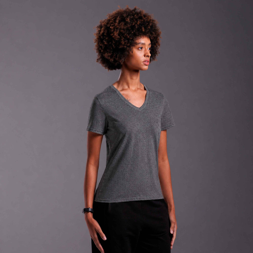 Tech T-Shirt Anti Odor Slim Gola V Feminina - Mescla Escuro