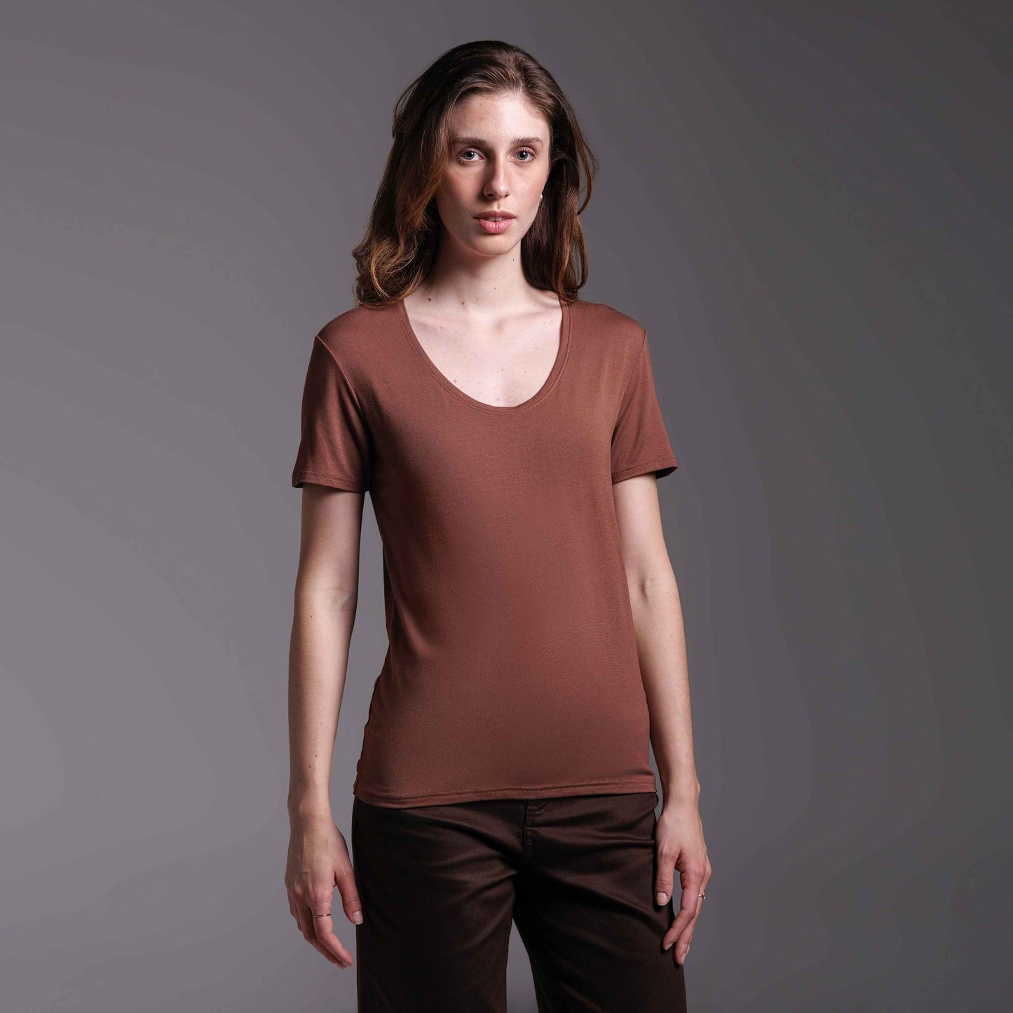 Tech T-Shirt Modal Gola U Feminina - Marrom Avelã