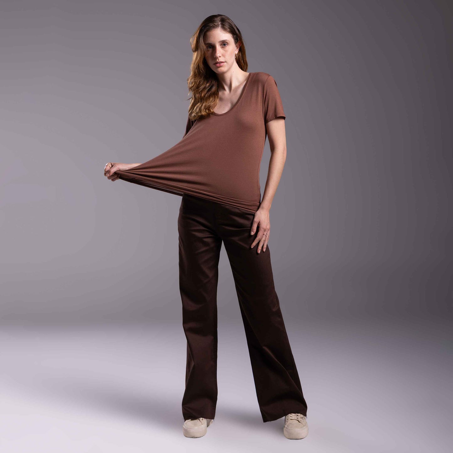 Tech T-Shirt Modal Gola U Feminina - Marrom Avelã