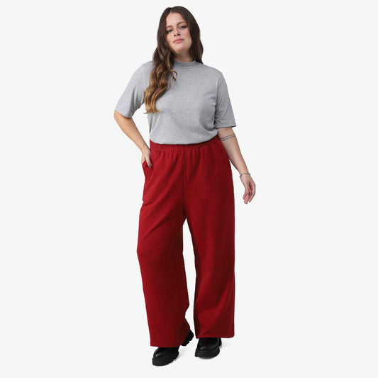 Calça Wide Tech Impermeável Moletom Flanelado Plus Feminina - Vermelho Escarlate