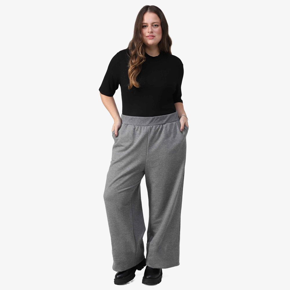 Calça Wide Tech Impermeável Moletom Flanelado Plus Feminina - Mescla Escuro