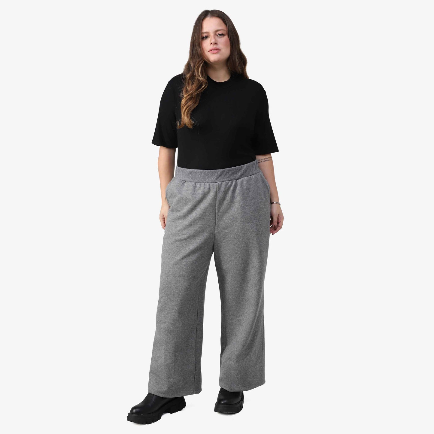 Calça Wide Tech Impermeável Moletom Flanelado Plus Feminina - Mescla Escuro