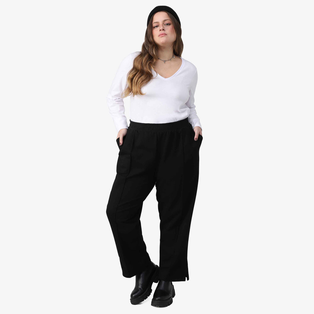 Calça Friso Tech Impermeável Moletom Flanelado Plus Feminina - Preto