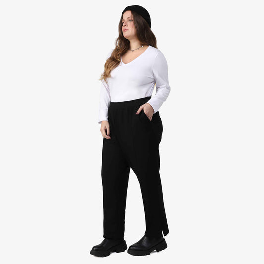 Calça Friso Tech Impermeável Moletom Flanelado Plus Feminina - Preto