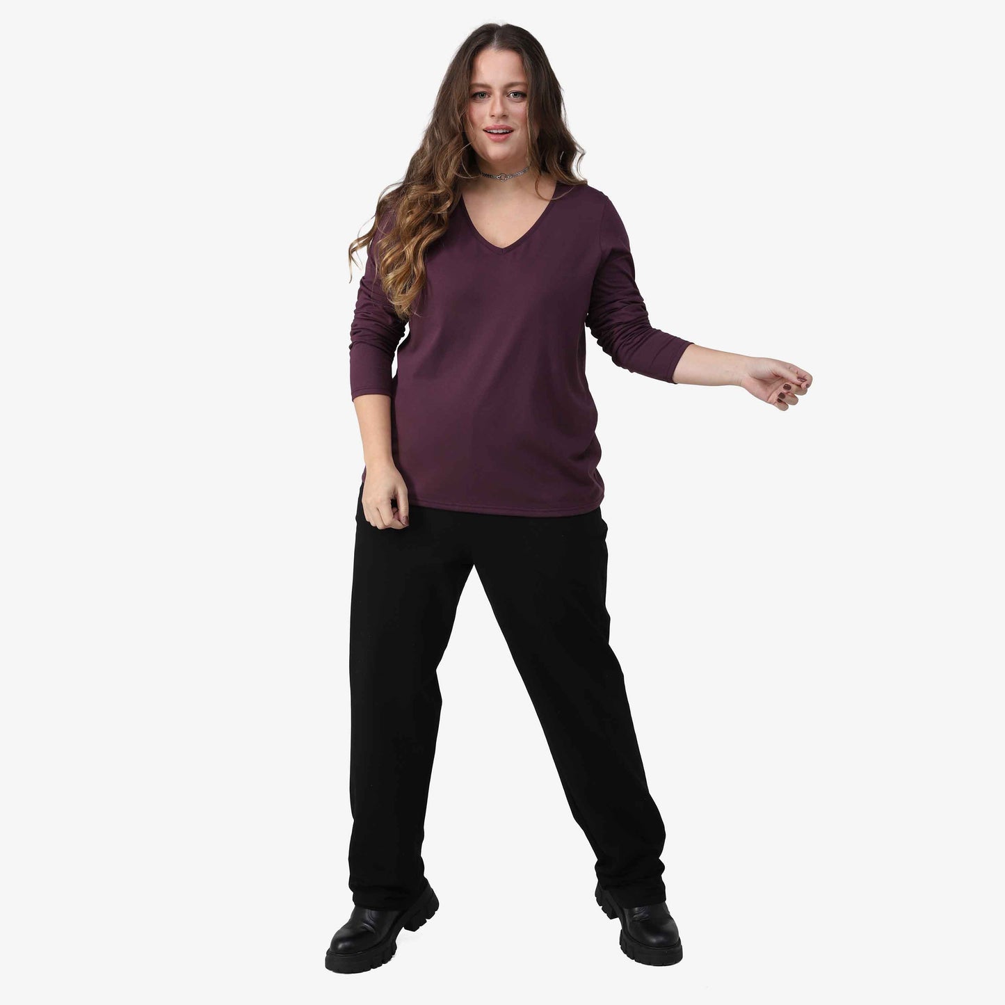 Tech T-Shirt Anti Odor Slim Gola V Manga Longa Plus Feminina - Roxo Ameixa