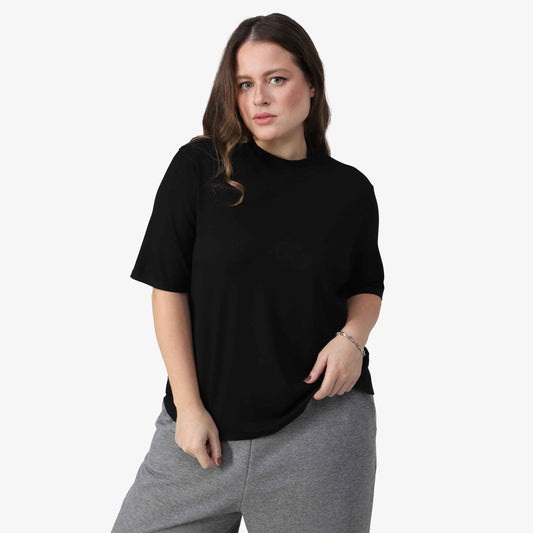 Blusa Canelada Gola Alta Plus Feminina - Preto