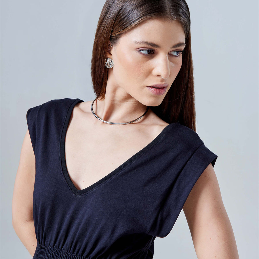 Vestido Gola V Longo - Preto