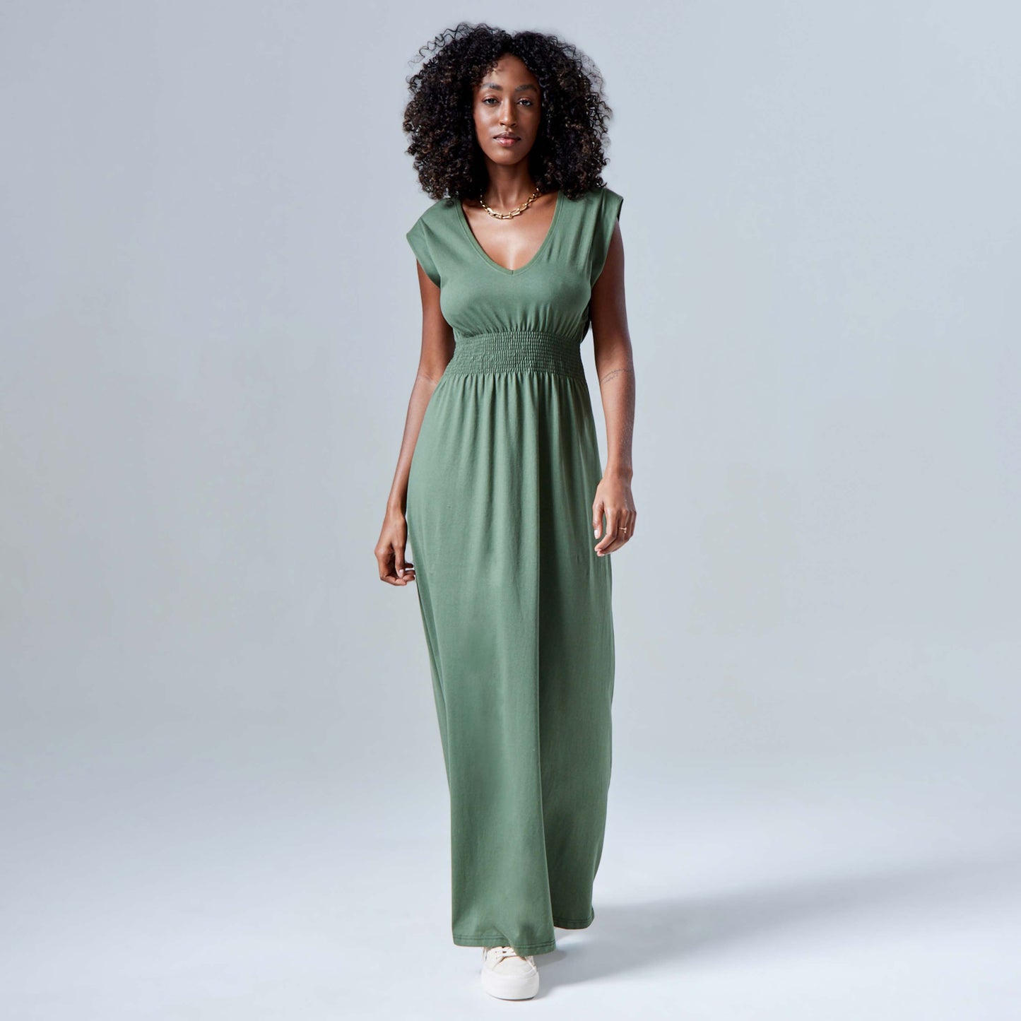 Vestido Gola V Longo - Verde Figo