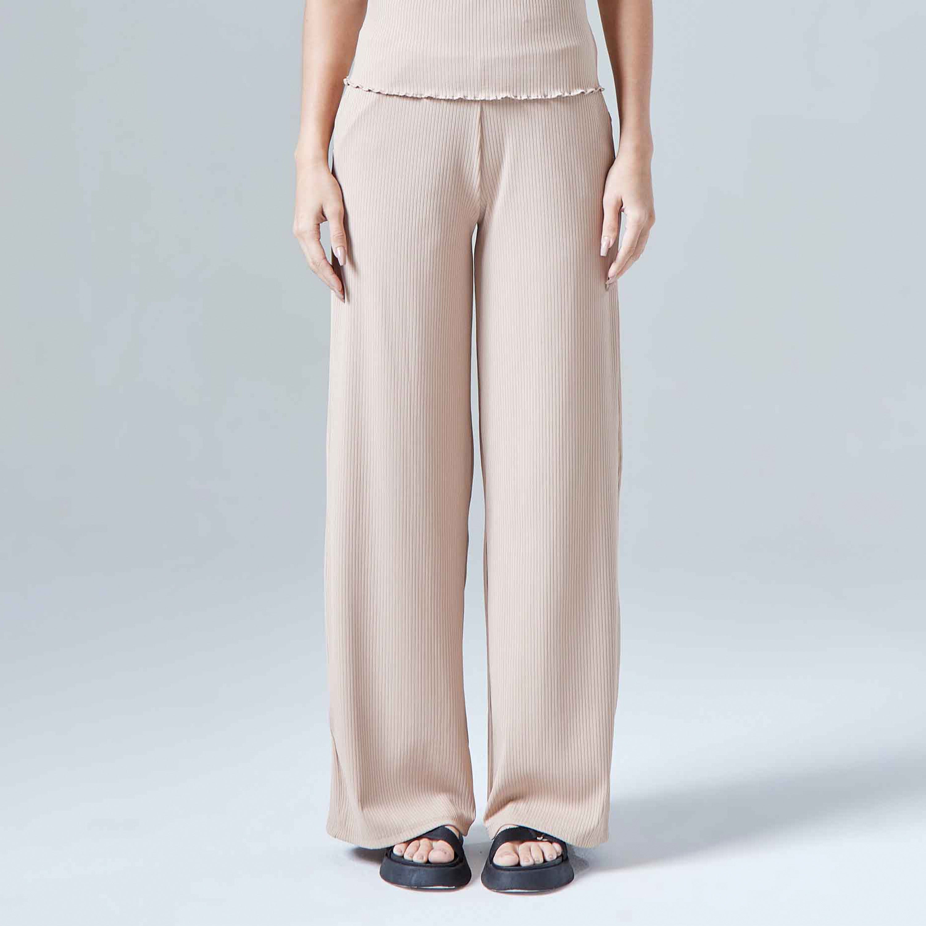 Calça Pantalona Poliamida Canelada - Bege Camel