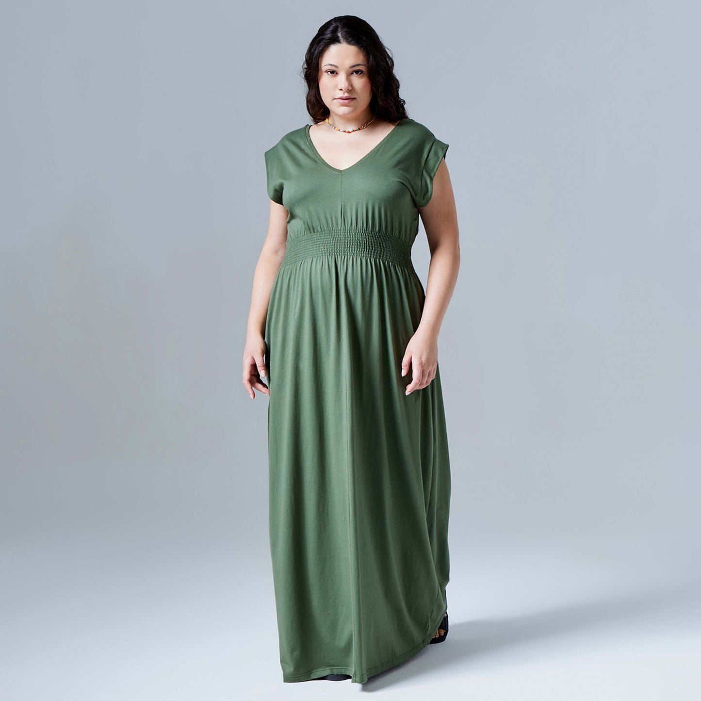 Vestido Gola V Longo Plus - Verde Figo