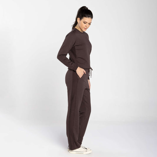 Calça Tech Impermeável Moletom Flanelado Recorte Feminina - Marrom