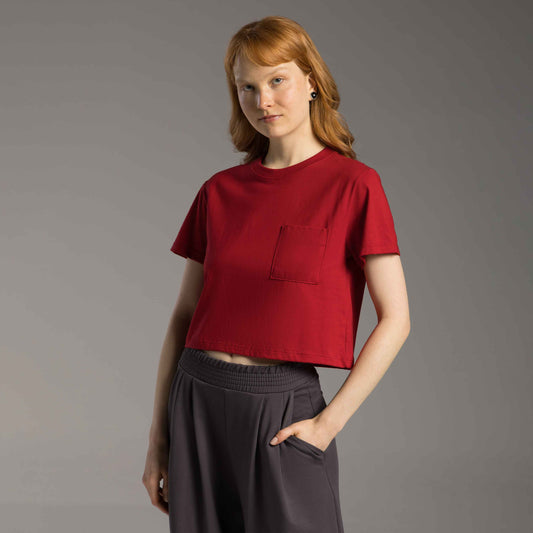 Tech T-Shirt Cropped Impermeável Bolso Feminina - Vermelho Hibisco