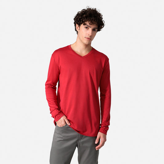 Camiseta Pima Gola V Manga Longa Masculina | Life Collection - Marsala