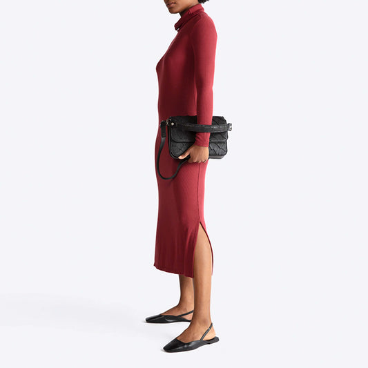 Vestido Midi Canelado Viscose Gola Rolê - Marsala