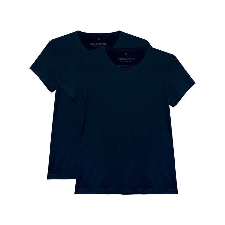 Kit 2 Camisetas Babylook Gola C Feminina - Azul Marinho