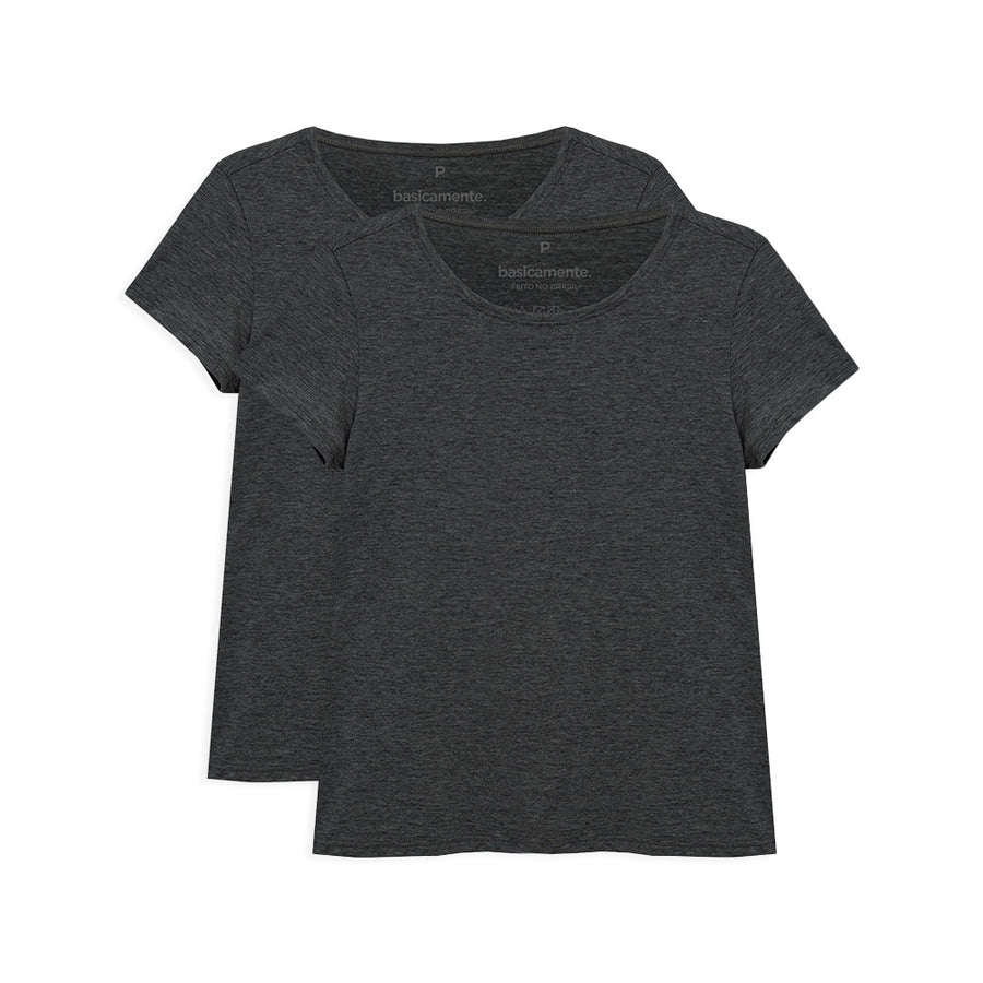 Kit 2 Camisetas Babylook Gola C Feminina - Mescla Escuro