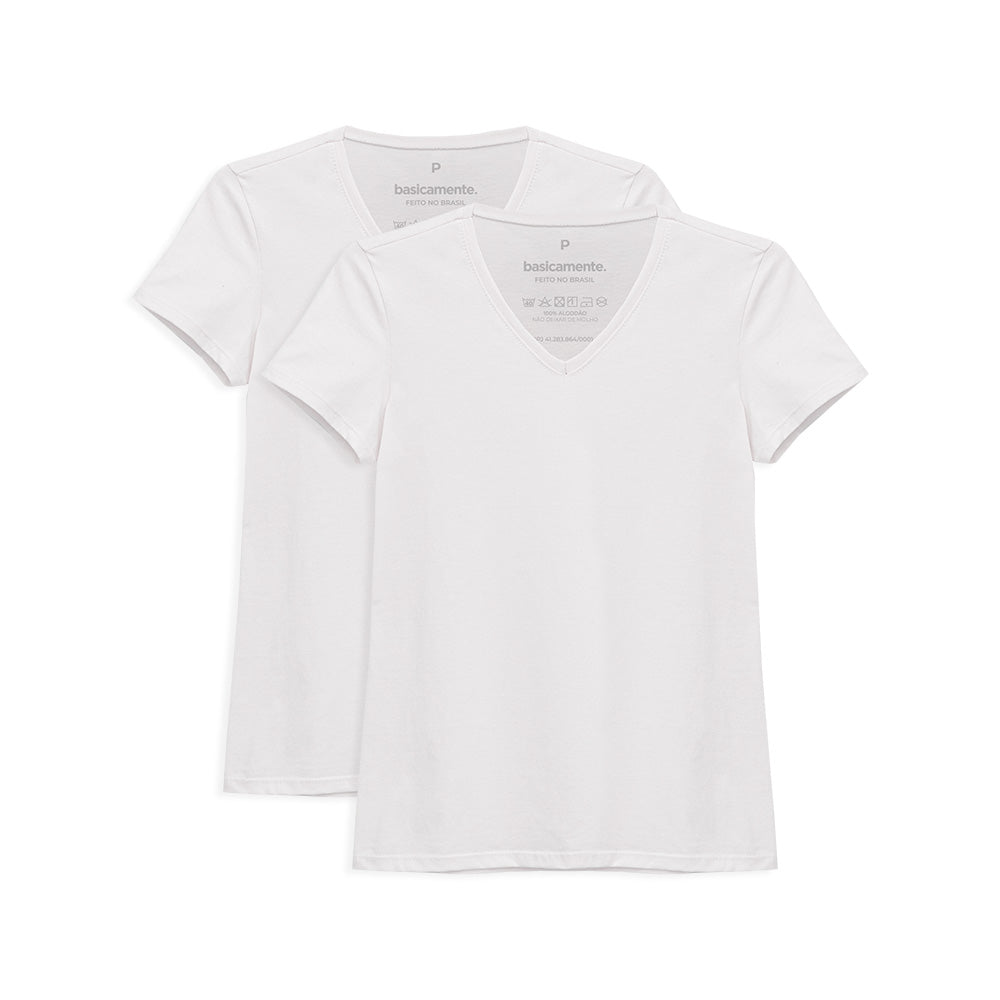 Kit 2 Camisetas Babylook Gola V Feminina - Branco
