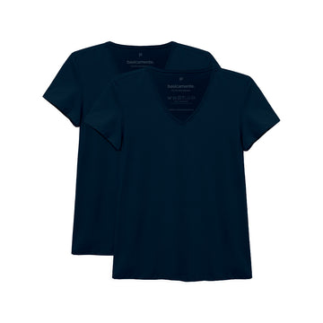 Kit 2 Camisetas Babylook Gola V Feminina - Azul Marinho