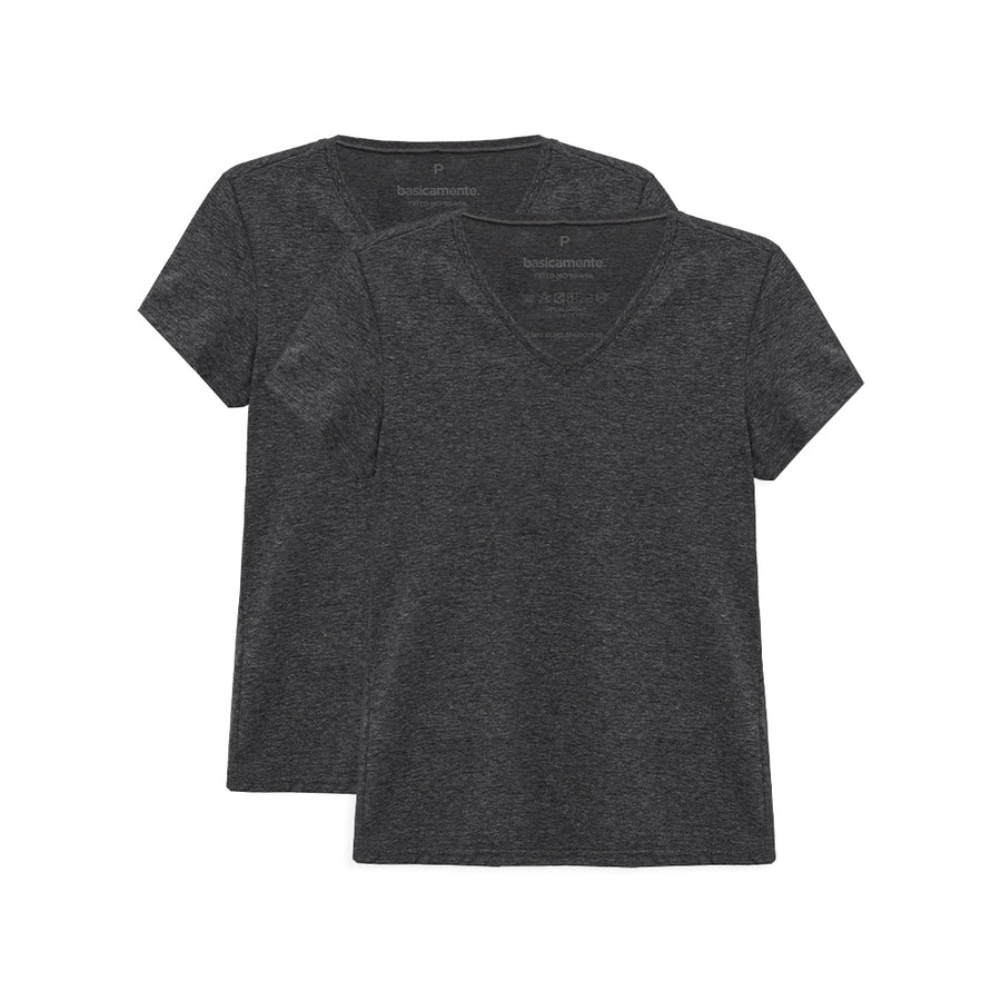 Kit 2 Camisetas Babylook Gola V Feminina - Mescla Escuro