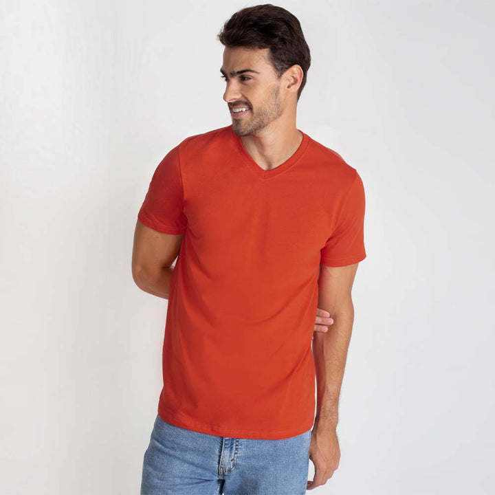 Camiseta Algodão Premium Gola V Masculino - Laranja