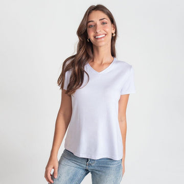 Camiseta Babylook Algodão Premium Gola V Feminina - Branco