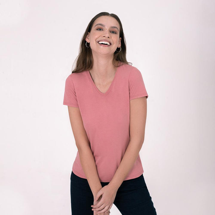 Camiseta Babylook Algodão Premium Gola V Feminina - Rose