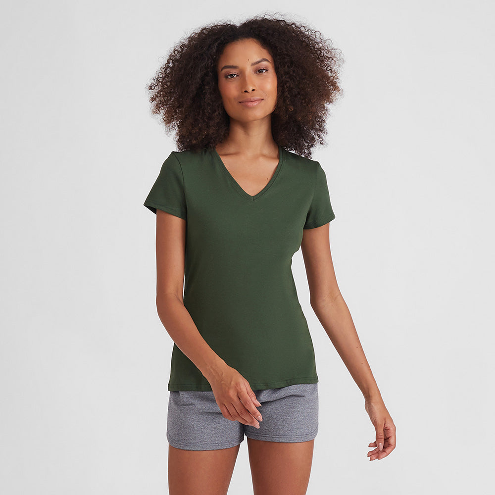 Camiseta Babylook Algodão Premium Gola V Feminina - Verde Selva