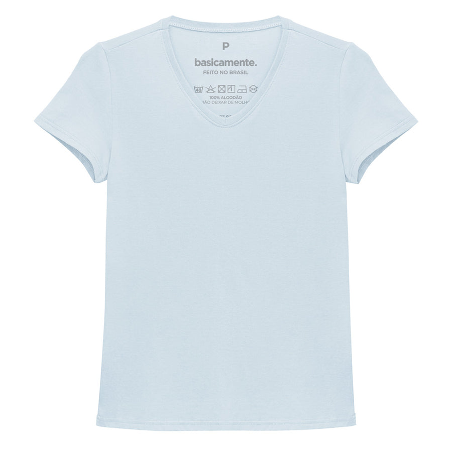 Camiseta Babylook Algodão Premium Gola V Feminina - Azul Ceu