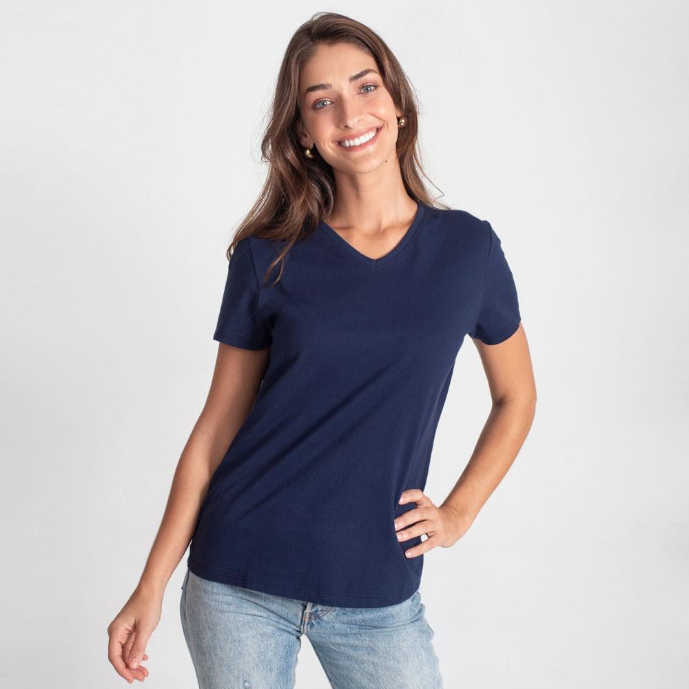 Camiseta Slim Gola V Feminina - Azul Marinho