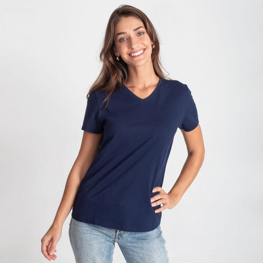 Camiseta Babylook Algodão Premium Gola V Feminina - Azul Marinho