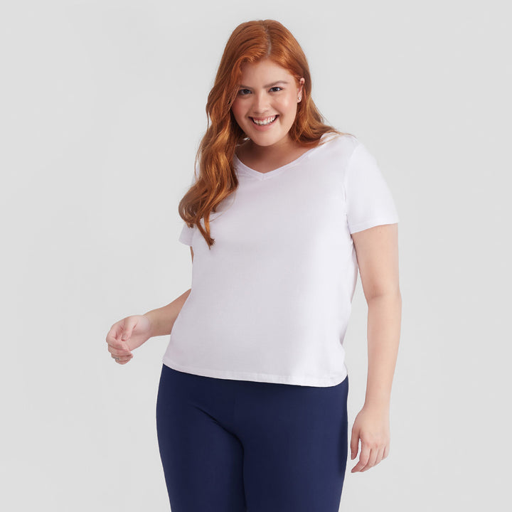Camiseta Babylook Algodão Premium Gola V Plus Size Feminina - Branco
