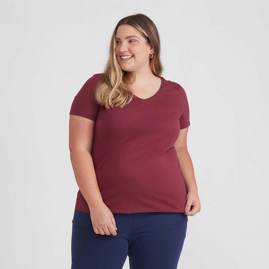 Camiseta Babylook Algodão Premium Gola V Plus Feminina - Vermelho Vinho