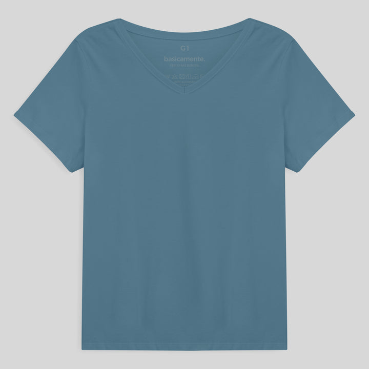Camiseta Babylook Gola V Plus Size - Azul Celeste