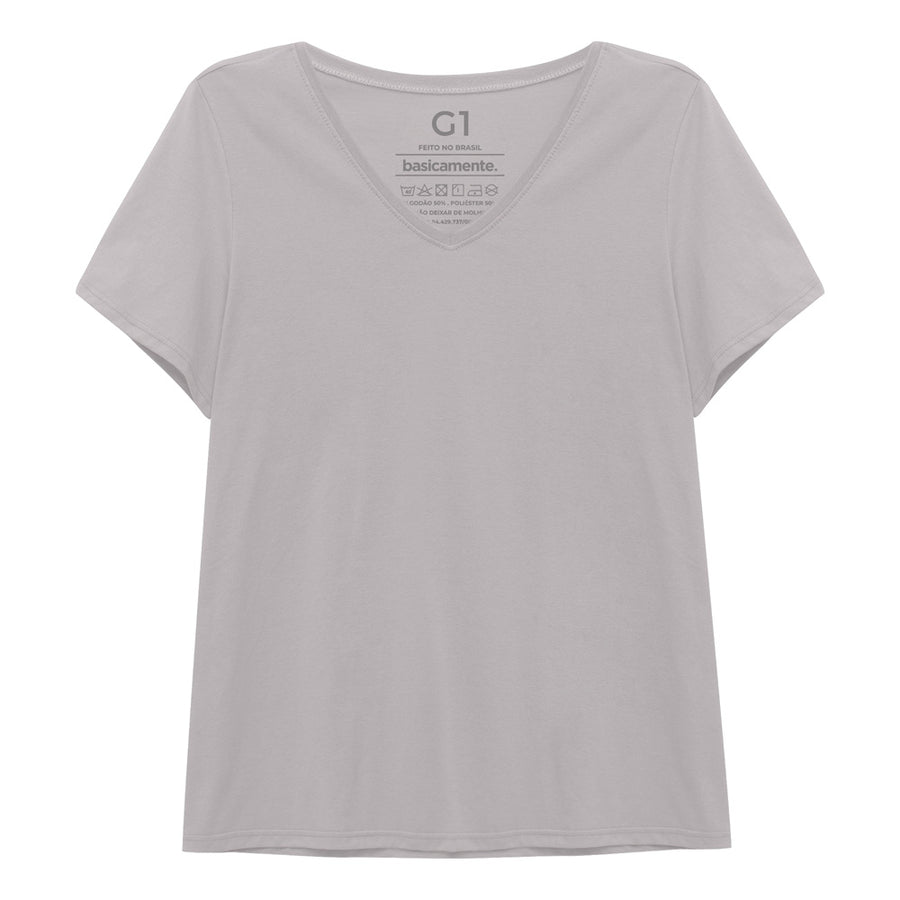 Camiseta Babylook Algodão Premium Gola V Plus Size Feminina - Cinza Areia