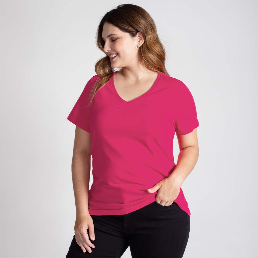 Camiseta Babylook Algodão Premium Gola V Plus Size Feminina - Pink