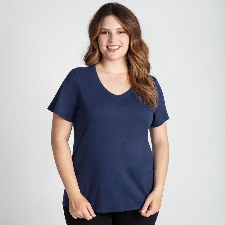 Camiseta Babylook Algodão Premium Gola V Plus Size Feminina - Azul Marinho
