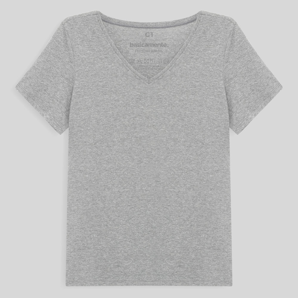 Camiseta Babylook Algodão Premium Gola V Plus Feminina - Mescla Claro