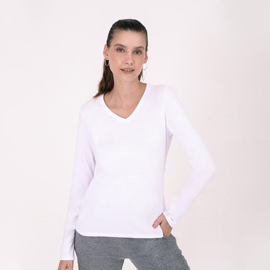 Camiseta Babylook Algodão Premium Manga Longa Gola V Feminina - Branco