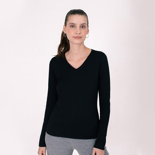 Camiseta Babylook Algodão Premium Manga Longa Gola V Feminina - Preto