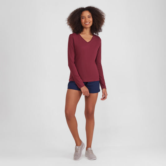 Camiseta Babylook Algodão Premium Manga Longa Gola V Feminina - Vermelho Vinho